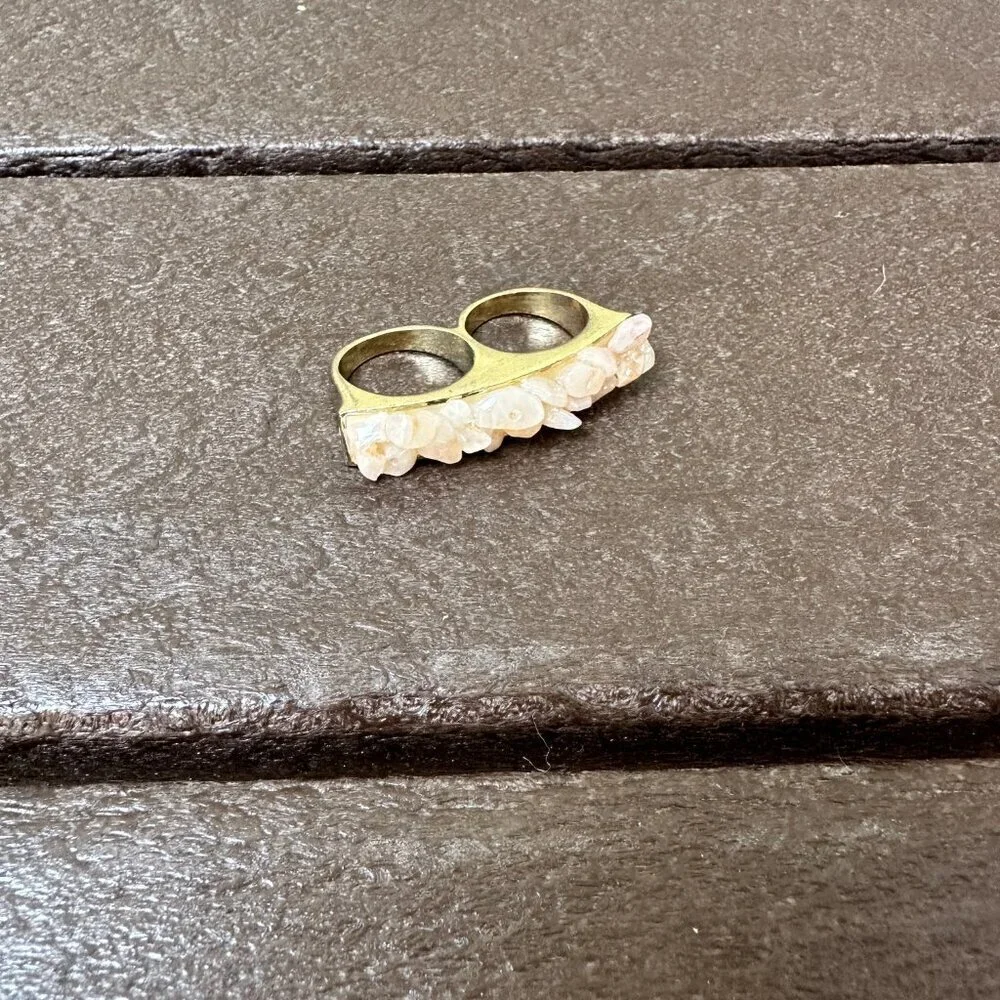 Vintage Chunky Gold Tone Pink Quartz Two Finger Ring size 8 & size 9